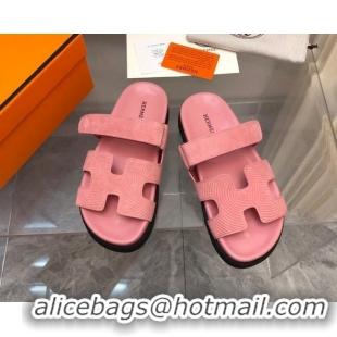 Good Quality Hermes Chypre Slide Sandals in Stripes Embossed Suede Light Pink 620100