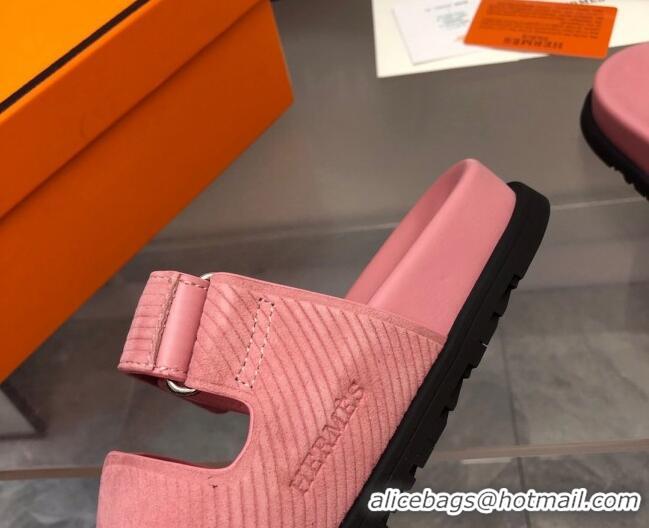 Good Quality Hermes Chypre Slide Sandals in Stripes Embossed Suede Light Pink 620100