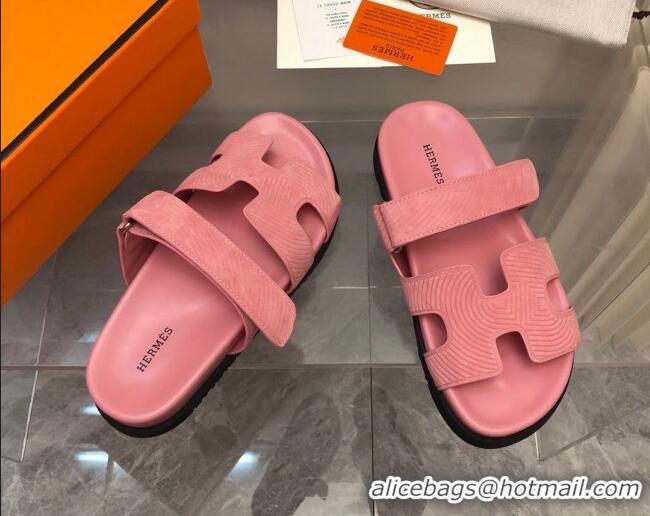 Good Quality Hermes Chypre Slide Sandals in Stripes Embossed Suede Light Pink 620100