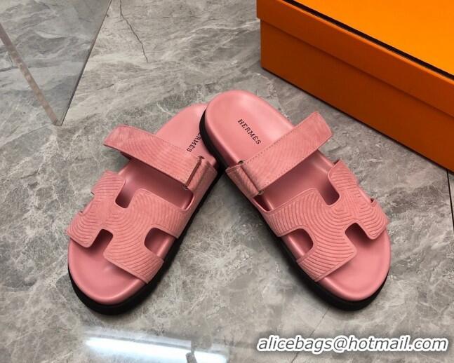 Good Quality Hermes Chypre Slide Sandals in Stripes Embossed Suede Light Pink 620100