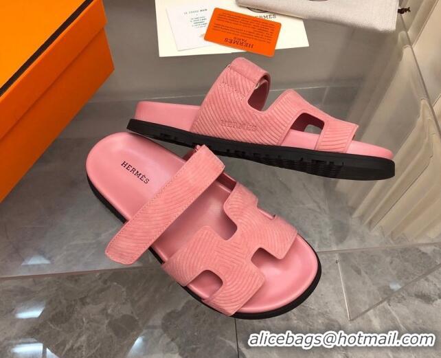 Good Quality Hermes Chypre Slide Sandals in Stripes Embossed Suede Light Pink 620100