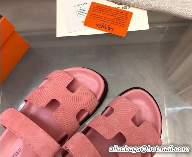 Good Quality Hermes Chypre Slide Sandals in Stripes Embossed Suede Light Pink 620100