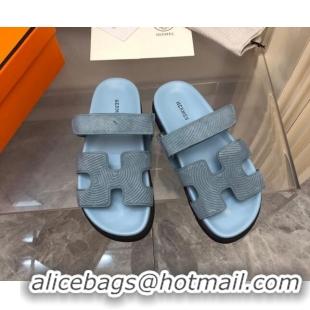 Pretty Style Hermes Chypre Slide Sandals in Stripes Embossed Suede Dusty Blue 0620101