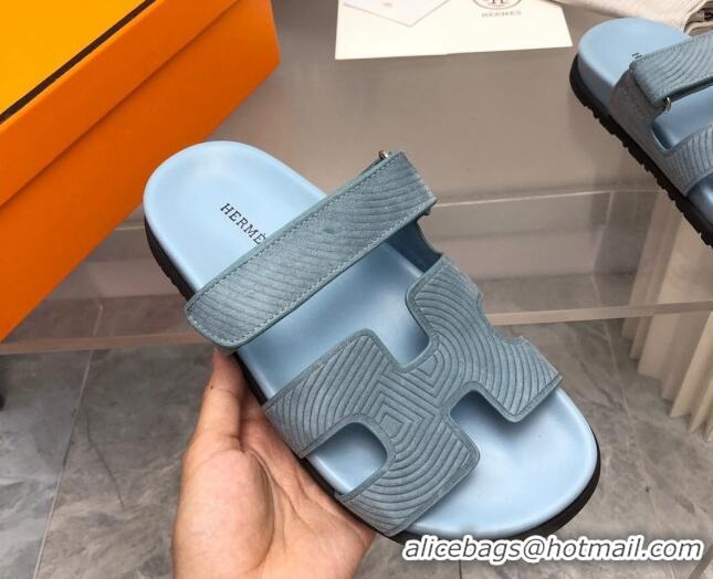 Pretty Style Hermes Chypre Slide Sandals in Stripes Embossed Suede Dusty Blue 0620101