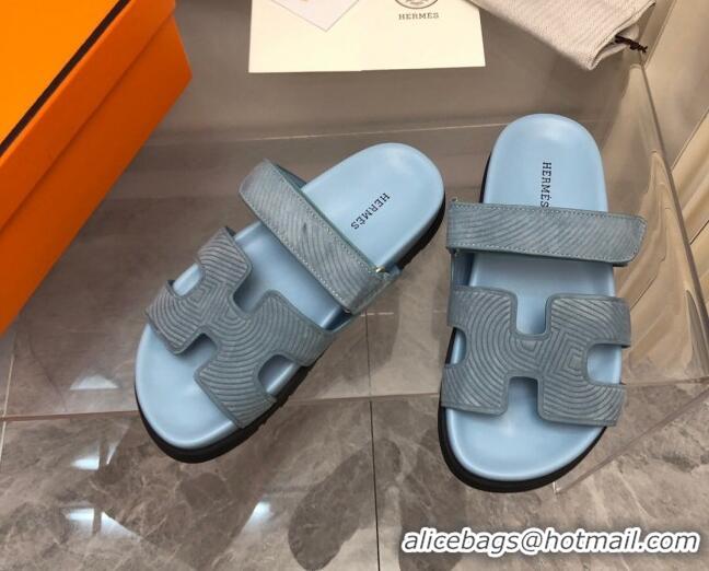 Pretty Style Hermes Chypre Slide Sandals in Stripes Embossed Suede Dusty Blue 0620101