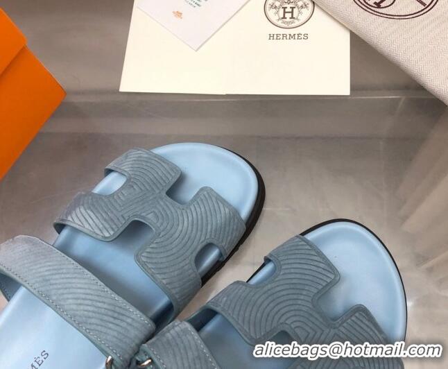 Pretty Style Hermes Chypre Slide Sandals in Stripes Embossed Suede Dusty Blue 0620101