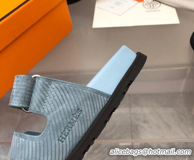 Pretty Style Hermes Chypre Slide Sandals in Stripes Embossed Suede Dusty Blue 0620101