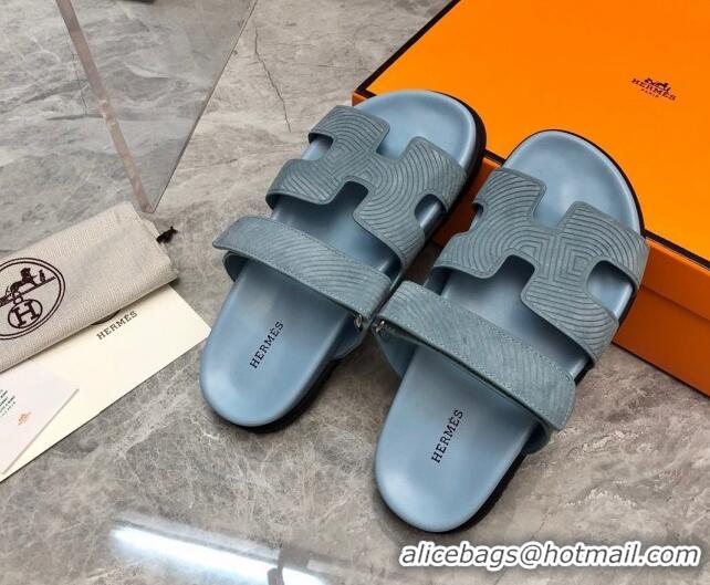 Pretty Style Hermes Chypre Slide Sandals in Stripes Embossed Suede Dusty Blue 0620101