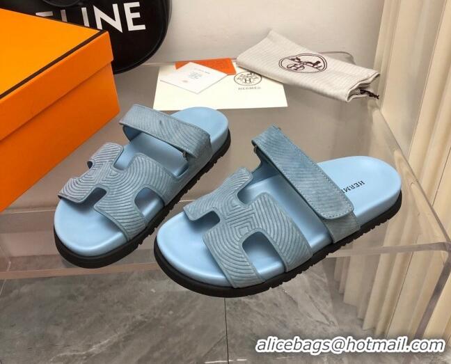 Pretty Style Hermes Chypre Slide Sandals in Stripes Embossed Suede Dusty Blue 0620101