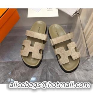 Purchase Hermes Chypre Slide Sandals in Stripes Embossed Suede Beige/Green 620102