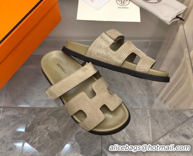 Purchase Hermes Chypre Slide Sandals in Stripes Embossed Suede Beige/Green 620102