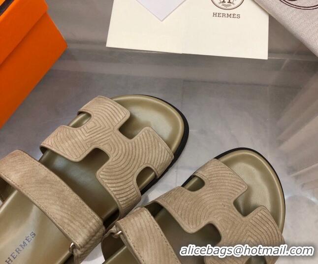 Purchase Hermes Chypre Slide Sandals in Stripes Embossed Suede Beige/Green 620102