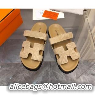 Low Price Hermes Chypre Slide Sandals in Stripes Embossed Suede Apricot 620103