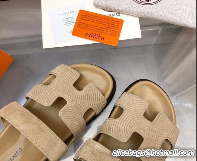 Low Price Hermes Chypre Slide Sandals in Stripes Embossed Suede Apricot 620103