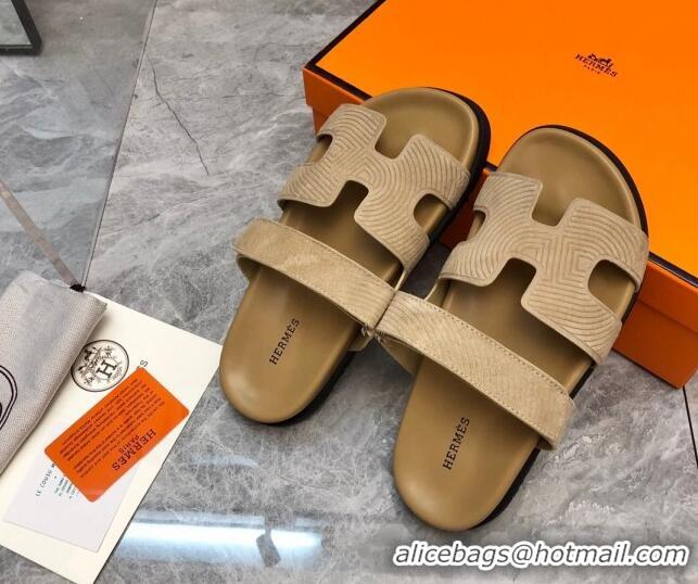 Low Price Hermes Chypre Slide Sandals in Stripes Embossed Suede Apricot 620103