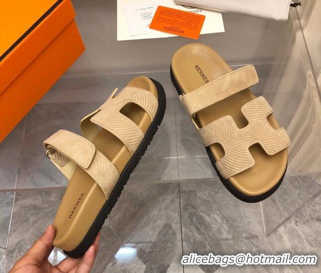 Low Price Hermes Chypre Slide Sandals in Stripes Embossed Suede Apricot 620103