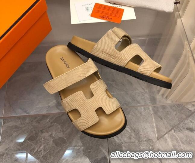 Low Price Hermes Chypre Slide Sandals in Stripes Embossed Suede Apricot 620103