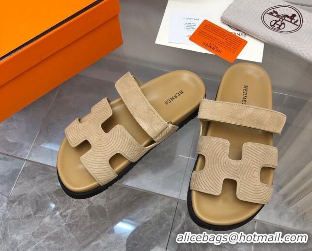 Low Price Hermes Chypre Slide Sandals in Stripes Embossed Suede Apricot 620103