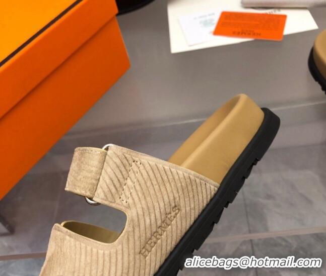 Low Price Hermes Chypre Slide Sandals in Stripes Embossed Suede Apricot 620103