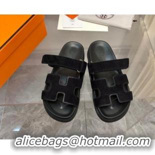 Top Grade Hermes Chypre Slide Sandals in Stripes Embossed Suede Black 620104