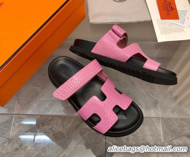 Unique Style Hermes Chypre Slide Sandals in Crocodile Embossed Leather Purple 620105