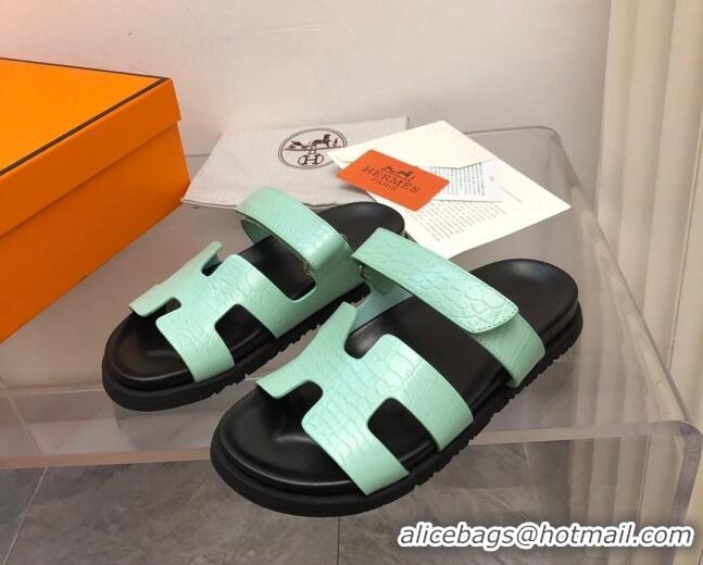 Good Looking Hermes Chypre Slide Sandals in Crocodile Embossed Leather Light Green 0620106