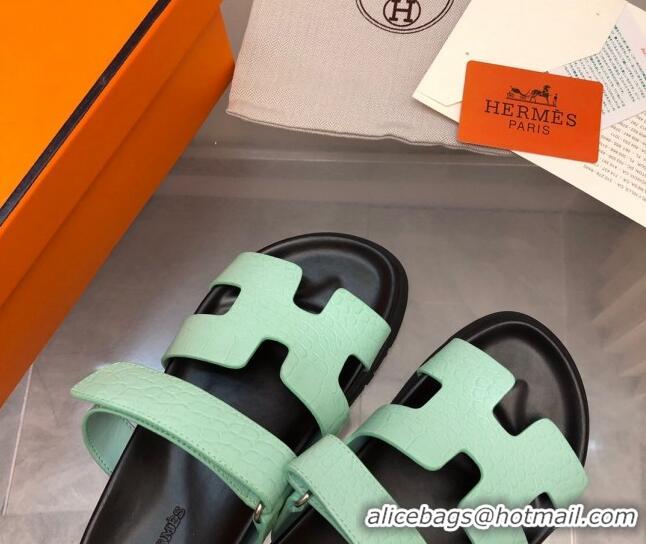 Good Looking Hermes Chypre Slide Sandals in Crocodile Embossed Leather Light Green 0620106