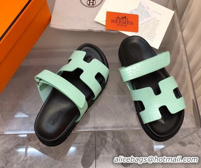 Good Looking Hermes Chypre Slide Sandals in Crocodile Embossed Leather Light Green 0620106