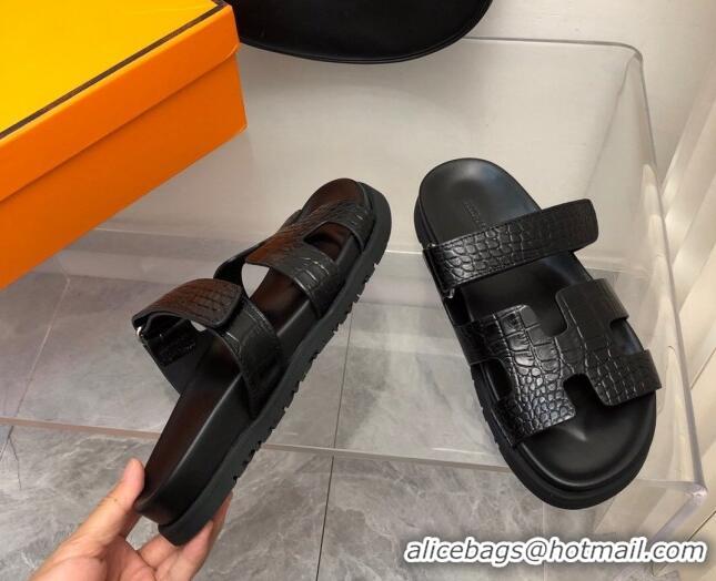 Best Product Hermes Chypre Slide Sandals in Crocodile Embossed Leather Black 620107