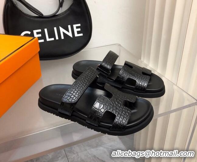 Best Product Hermes Chypre Slide Sandals in Crocodile Embossed Leather Black 620107