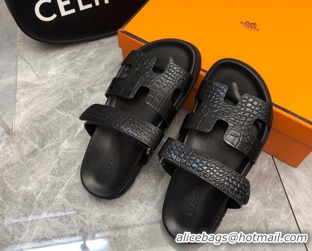 Best Product Hermes Chypre Slide Sandals in Crocodile Embossed Leather Black 620107