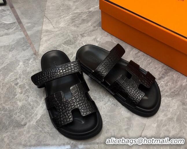 Best Product Hermes Chypre Slide Sandals in Crocodile Embossed Leather Black 620107