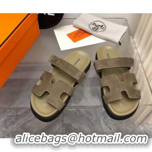 Popular Style Hermes Chypre Slide Sandals in Suede Khaki Green 620109