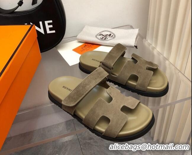 Popular Style Hermes Chypre Slide Sandals in Suede Khaki Green 620109