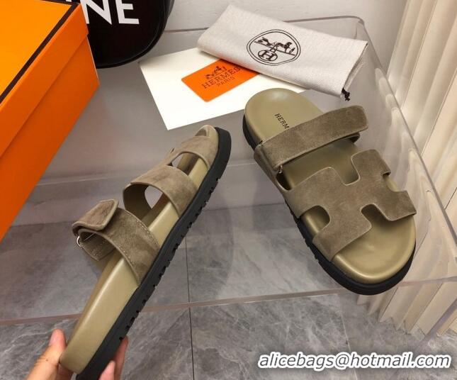 Popular Style Hermes Chypre Slide Sandals in Suede Khaki Green 620109