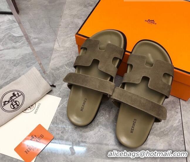 Popular Style Hermes Chypre Slide Sandals in Suede Khaki Green 620109