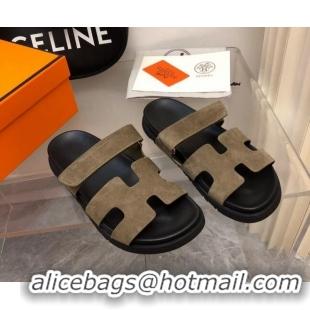 Charming Hermes Chypre Slide Sandals in Suede Khaki/Black 620110