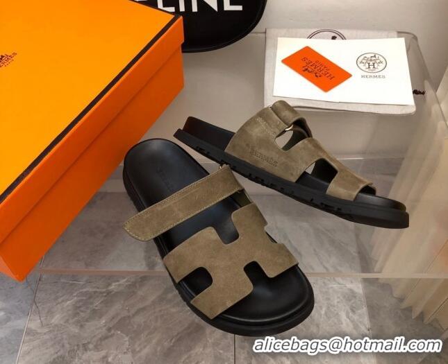 Charming Hermes Chypre Slide Sandals in Suede Khaki/Black 620110