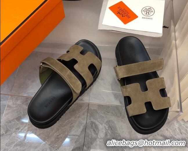 Charming Hermes Chypre Slide Sandals in Suede Khaki/Black 620110