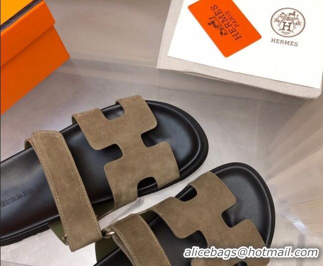 Charming Hermes Chypre Slide Sandals in Suede Khaki/Black 620110