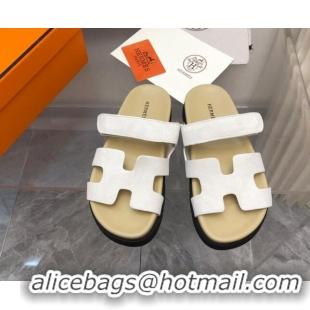 1:1 aaaaa Hermes Chypre Slide Sandals in Suede White/Beige 620111