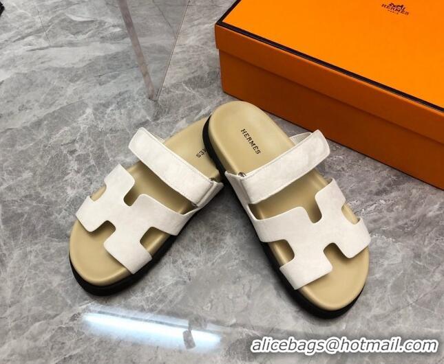 1:1 aaaaa Hermes Chypre Slide Sandals in Suede White/Beige 620111