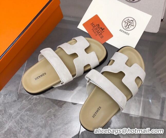 1:1 aaaaa Hermes Chypre Slide Sandals in Suede White/Beige 620111