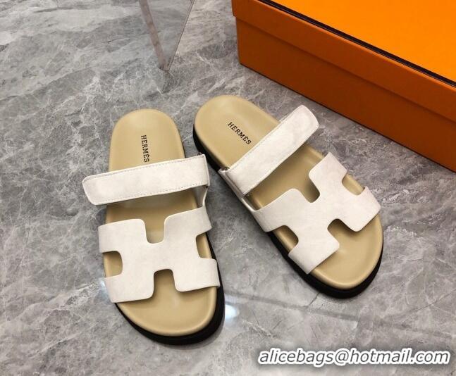 1:1 aaaaa Hermes Chypre Slide Sandals in Suede White/Beige 620111