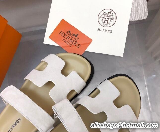 1:1 aaaaa Hermes Chypre Slide Sandals in Suede White/Beige 620111