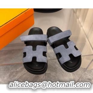 Sophisticated Hermes Chypre Slide Sandals in Suede Light Grey/Black 0620112