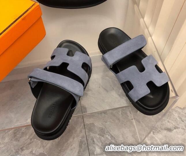 Sophisticated Hermes Chypre Slide Sandals in Suede Light Grey/Black 0620112