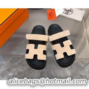 Hot Style Hermes Chypre Slide Sandals in Suede Beige/Black 620113