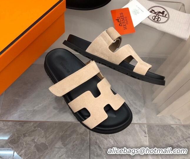 Hot Style Hermes Chypre Slide Sandals in Suede Beige/Black 620113