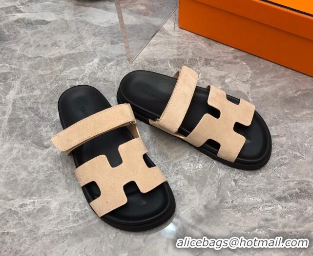 Hot Style Hermes Chypre Slide Sandals in Suede Beige/Black 620113